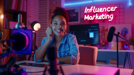 Fototapeta na wymiar Influencer Marketing - young woman in her home studio, recording a video for her social media account, on the wall behind her is 
