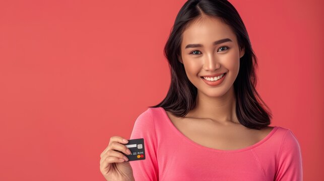 photorealistic image of a smiling Filipina woman in a plain pink holding a debit card 