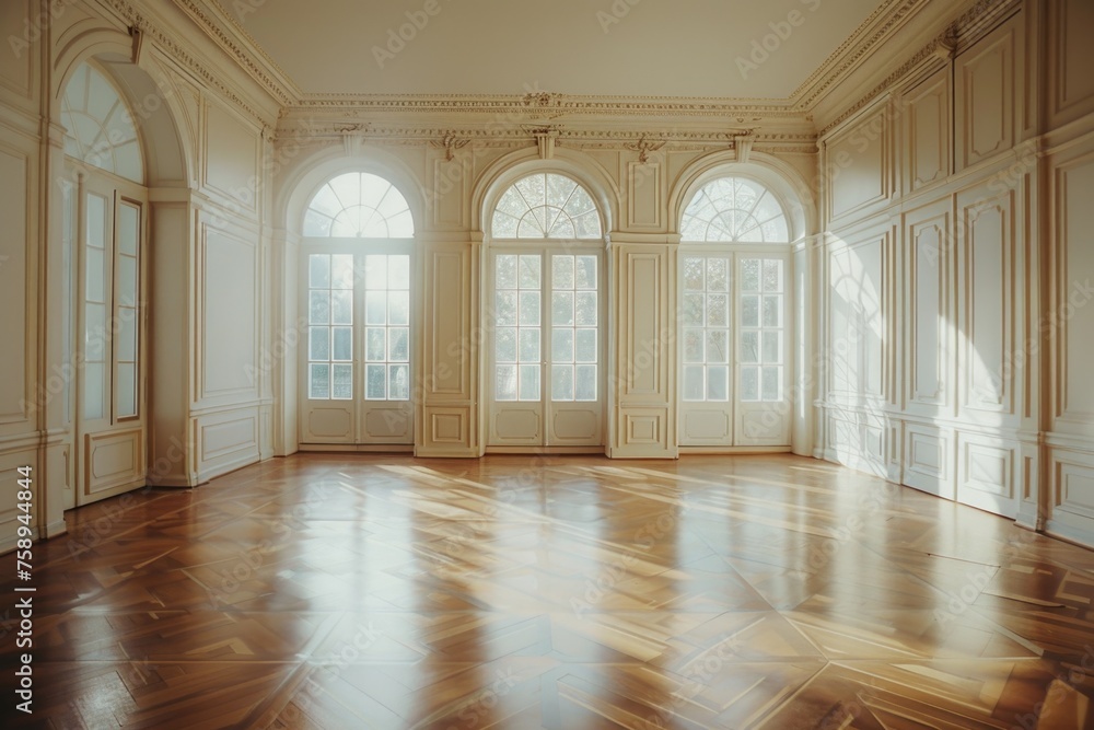 Poster a simple image of an empty room with wood floors and arched windows. suitable for interior design co