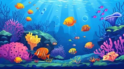 Fototapeta na wymiar Underwater marine life scene with coral reef and colorful fish.