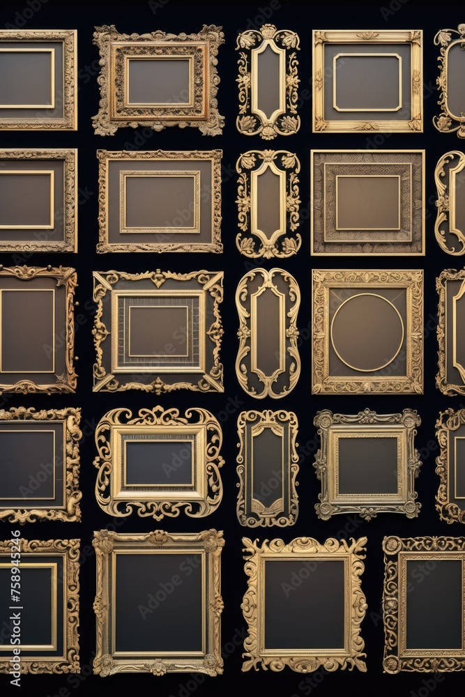 Poster a collection of elegant gold frames on a sleek black background. ideal for adding a touch of luxury 
