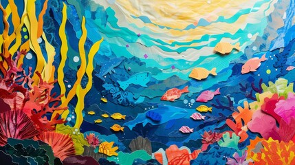 Vivid paper collage creating an underwater seascape with coral, fish, and seaweed in bright, saturated colors. - obrazy, fototapety, plakaty