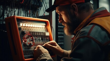 A man in a red hat operating a machine. Suitable for industrial concepts