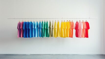 row of colorful T-shirt hanging on a horizontal pole in a bright airy white wall based shop