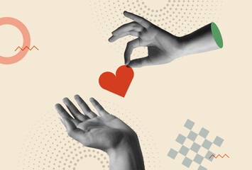 Hand giving red heart in contemporary art collage vectro illustration