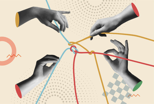 Human hands joined by rope in 80s retro collage vector illustration