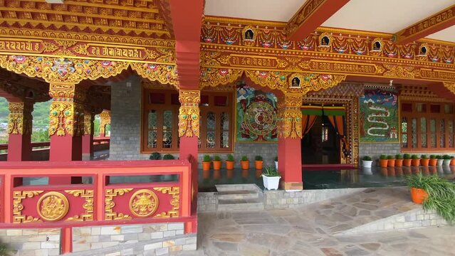 Beautiful tdl buddhist monastery architecture design at morning at dirang monastery arunachal pradesh india.