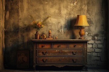 A wooden dresser with a lamp on top. Suitable for interior design projects
