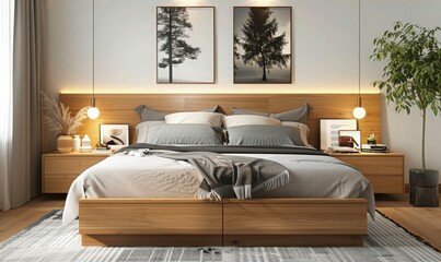 Modern bedroom interior design. Beside the bed hanging electric light. A frame with Scandinavian nature view behind the bed. The bed create with wood. - obrazy, fototapety, plakaty