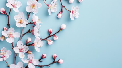 Spring Cherry Blossom. Abstract background of macro cherry blossom tree branch on blue background.