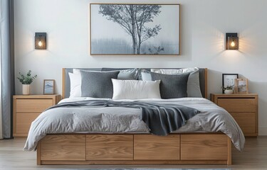 Modern bedroom interior design. Beside the bed hanging electric light. A frame with Scandinavian nature view behind the bed. The bed create with wood. - obrazy, fototapety, plakaty