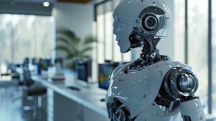 Fototapeta premium Modern Office Setting with an Advanced Humanoid Robot with Blue Eye