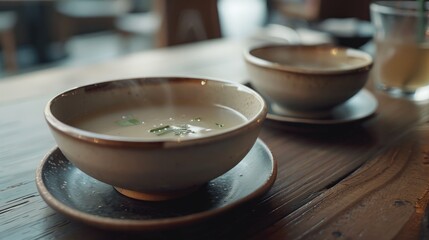 Simple image of two bowls of soup on a wooden table. Perfect for food-related projects