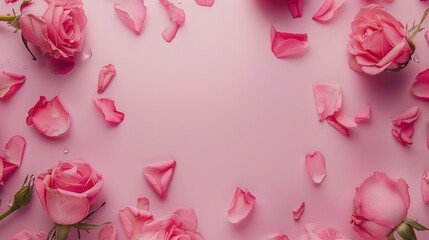 wallpapers a Beautiful flowers composition. Blank frame for text, pink rose flowers on pastel pink background