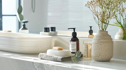Toiletries and personal hygiene products neatly arranged on a white countertop in a bathroom, providing convenience and accessibility for daily grooming routines.