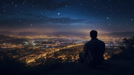 A man sitting on top of a hill overlooking a city at night. Perfect for urban landscape concepts