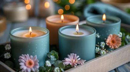Foto op Plexiglas Lit scented candles in a wooden tray with teal glass, surrounded by delicate flowers, convey a serene and cozy ambiance. Generative AI © Creative Catalog