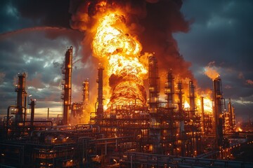 industrial fire and gas explosion industrial oil refinery. An illuminated oil refinery complex with towering chimneys at night the flame breaks out