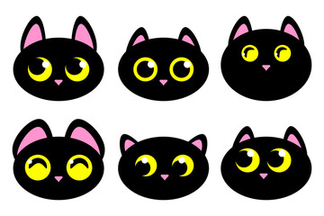 Cartoon black cats with yellow eyes. Cute kitten flat icons set. Different emotions of cats faces. Vector illustration isolated on white background.