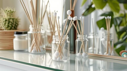 Glass jars containing cotton swabs and pads placed near various cosmetic products on a dressing table, creating a organized and visually appealing setup for skincare and beauty routines. - obrazy, fototapety, plakaty