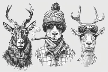 Tuinposter A humorous illustration of three deer in hats smoking a cigarette. Suitable for various creative projects © Ева Поликарпова