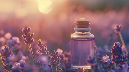 A small bottle of lavender essential oil, with selective focus highlighting its natural essence.