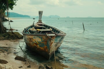 A boat sitting on the shore of the water. Suitable for travel and adventure concepts