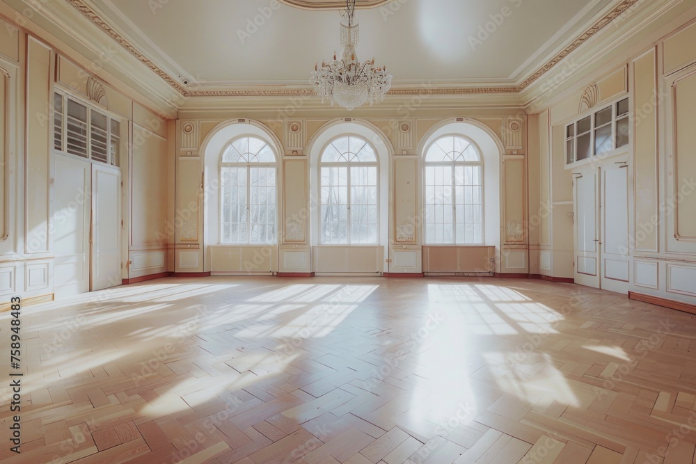 Poster a simple yet elegant empty room with a chandelier and large windows. ideal for interior design conce
