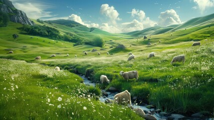 Visualize a serene grassland, beautiful green landscape