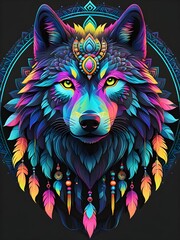 Vivid Tribal Wolf Tattoo Logo Neon Accents & Mandala Patterns on Elegant Black Background