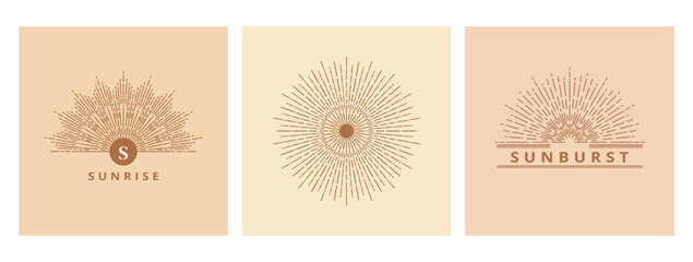 Hand drawn card of Sun, sunburst, light rays in line art. Bohemian symbol bursting sun rays. Magic vintage collection, antique style, boho, tattoo, emblem, logo. Vector set illustration on beige