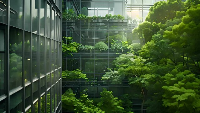 Architecture a modern glass building with a lot of green plants trees and bushes for business architecture environmental friendly, design, exterior, sky, garden.