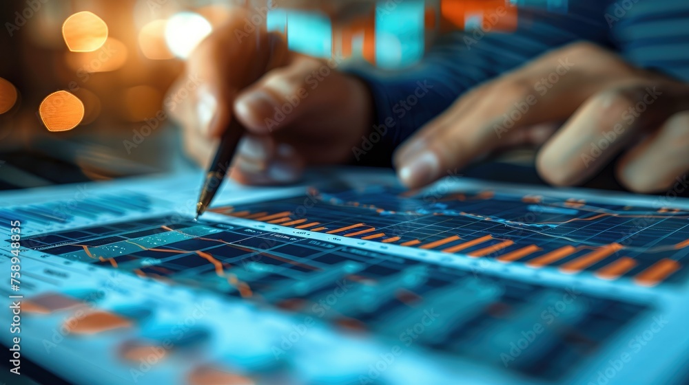 Poster Businessman analyzing stock market graph data with financial graph. Generative AI.