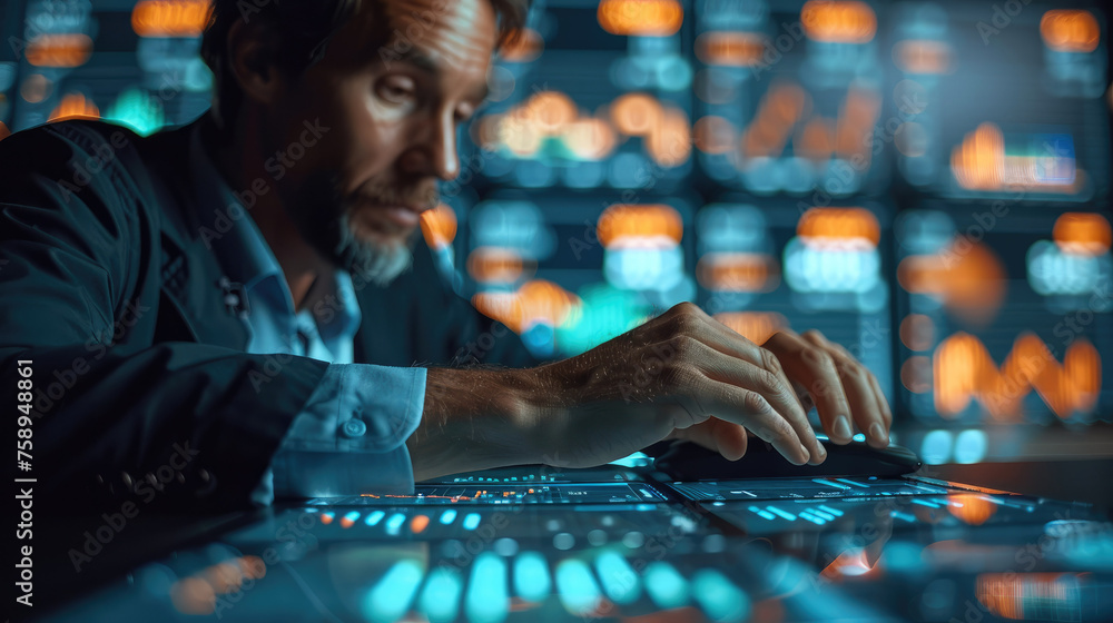Poster businessman analyzing stock market graph data with financial graph. generative ai.
