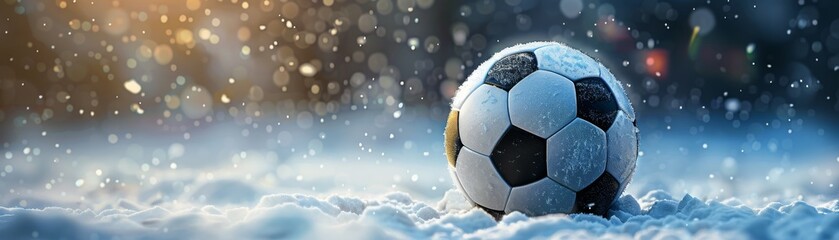 A soccer ball or football is sitting in the snow - obrazy, fototapety, plakaty