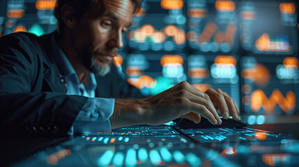 Businessman analyzing stock market graph data with financial graph. Generative AI. - obrazy, fototapety, plakaty