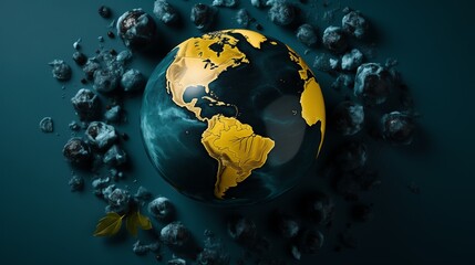 a gold and black earth with blue background - obrazy, fototapety, plakaty