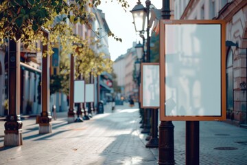 Urban city street with row of street lamps, suitable for urban design projects