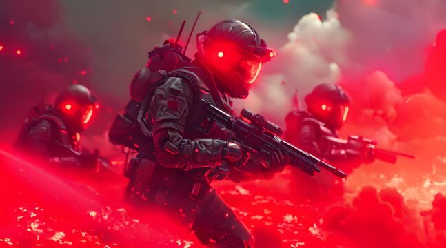 Futuristic Soldiers with Sci-Fi Weapon in Hands Ready for the Battle, soldier in full gear firing a weapon amidst a dramatic, Space War Concept illustration