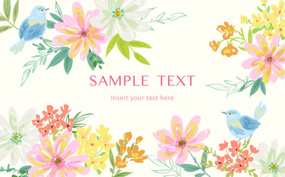 Floral background with hand painted spring wild flowers and blue birds for banner, wedding invitation and web. Elegant Botanical frame.
