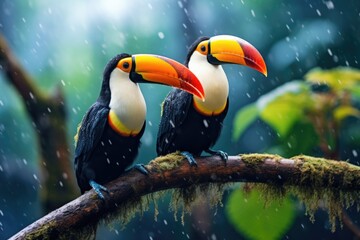 Naklejka premium Two vibrant toucans sitting on a branch in the rain. Perfect for nature and wildlife themes