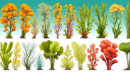 Mustard flowers, tree branches, algae water plants, corals isolated on white. Seaweeds polyps set. Banana leaves. Branches berries twigs flowers. Seaweeds coral reef underwater plans vector collection