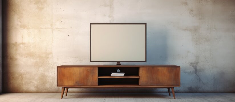 Modern television stand with wooden front and contemporary standing lamp in vacant area.
