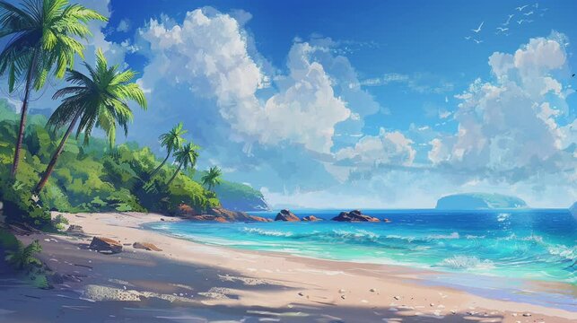 Animated seamless looping of tropical coastline and sea wave with coconut trees, cartoon painting illustration style. Generative AI