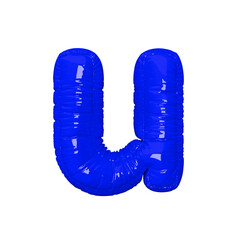 Cobalt Blue color foil balloon letter u on transparent background. Lowercase alphabet letter as 3d render.