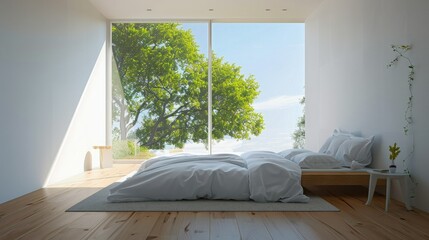 the minimalist bedroom's serene atmosphere. the soft, diffused light streaming in through the large window. exposure settings to balance the brightness of the room with the exterior sky view.