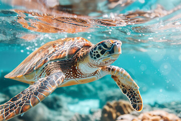 A sea turtle gracefully navigates through turquoise ocean depths, embodying elegance and resilience in its aquatic domain.