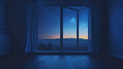 the night sky visible through the large window appears realistic by paying attention to the placement and density of stars and the illumination of the moon. - obrazy, fototapety, plakaty