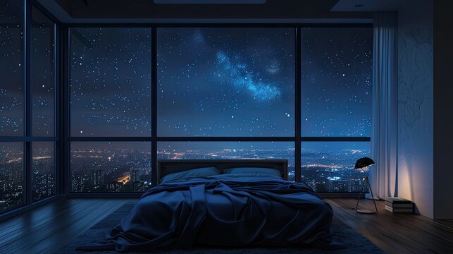 A room with a bed near large frame windows and an internal window sill overlooking the night and starry sky. The atmosphere of the night. Bed near the window.