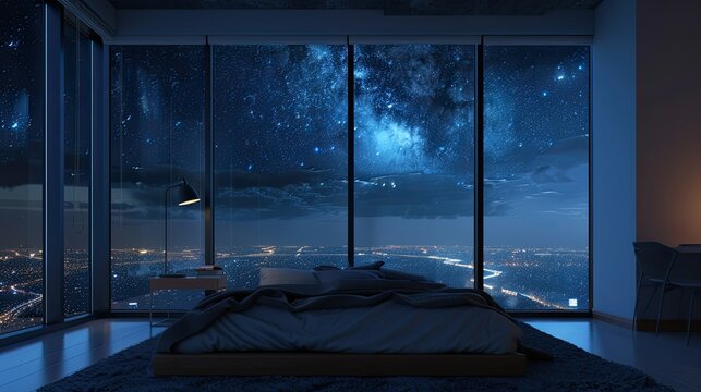 A room with a bed near large frame windows and an internal window sill overlooking the night and starry sky. The atmosphere of the night. Bed near the window.